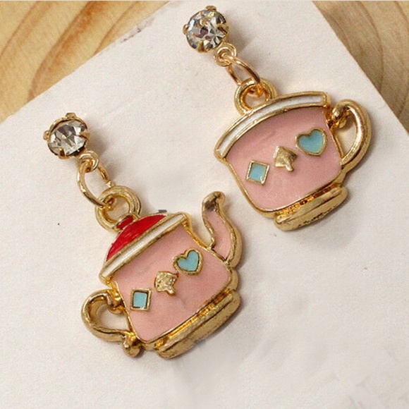 Tiny Pink Enamel Tea Party Teapot Earrings - About 1/2" across & 1/2" Tall - Picture 2 of 2